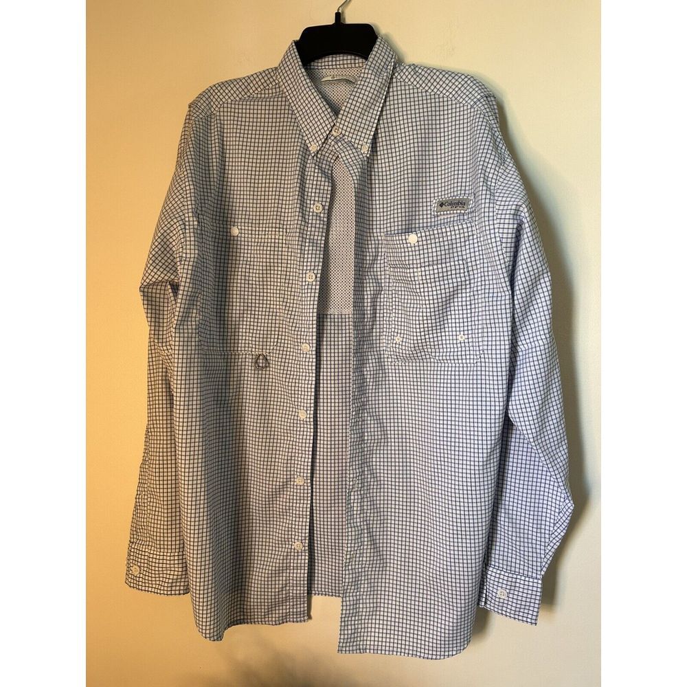 Columbia Performance Fishing Gear Omni Shade Shirt Men's XL Blue White‎ Gingham